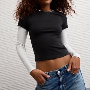 American Eagle Black & White Double Layered Long Sleeve T-Shirt